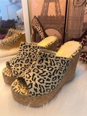 Y2K / McBling Leopard Print Cork Platform Wedge Sandals, Woman’s 37